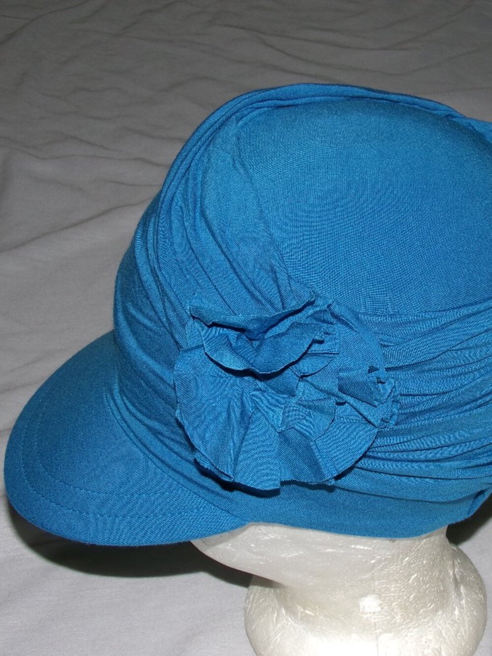 Cardani Headcovers Newsboy Hat Blue Bamboo Viscose Headcover Flower Ruched